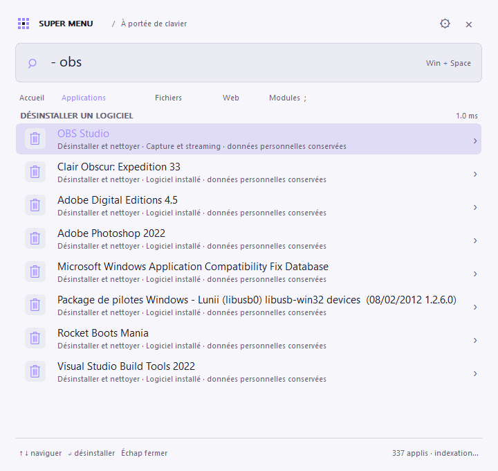 Une action de désinstallation dans Super Menu